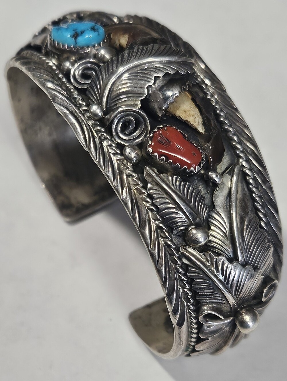 Vintage Handmade Sterling Silver Navajo Cuff Bracelet Turquoise Coral Stones - Picture 4 of 16